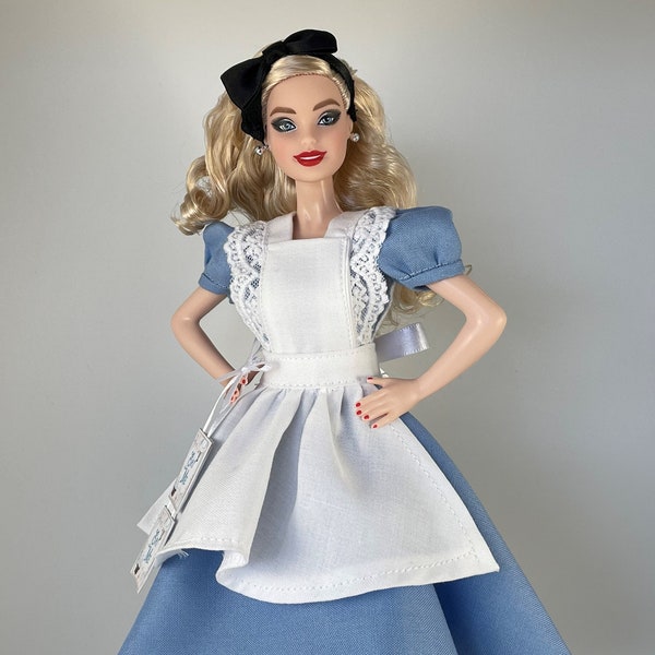 Handmade Fashion Doll Clothes - Alice in Wonderland Inspired Blue Dress and White Apron- Costume