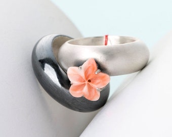 Seoul wedding rings set with coral flower  NASCHENKA Traditional Korean Hanbok silver rings set accessories Korean jewelry for women