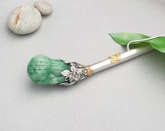 Seoul NASCHENKA Traditional Korean hanbok long handmade hair stick pins with silver jade binyeo 비녀Korean fashion jewelry