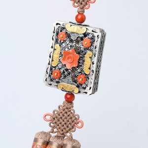 Traditional Korean Silver Scent Case Norigae with Natural Coral and Silk Tassel