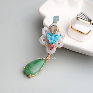 Rare Arizona Turquoise Butterfly Brooch with Jade, Tourmaline, and Labradorite Drops - Handmade in 925 Sterling Silver