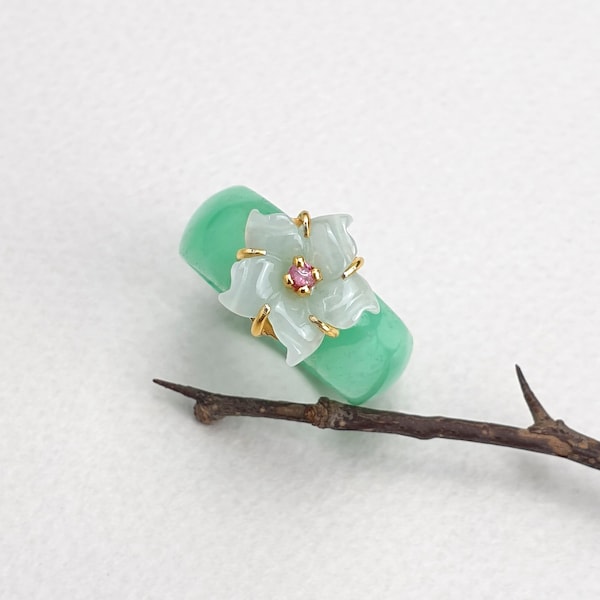 Jade Band Ring with Flower NASCHENKA Traditional Korean Hanbok stone jade ring for women and mens wedding band ring moms anniversary gift