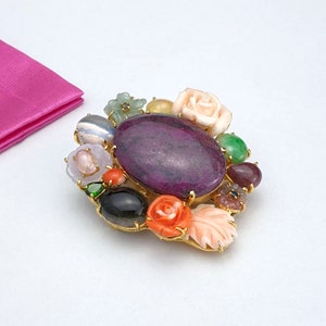 Natural ruby and coral NASCHENKA Seoul Natural gemstone Silver Brooch pendant