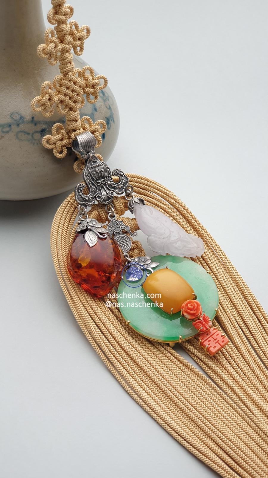 노리개 Traditional Korean Norigae - Green Jade, Coral, Amber, and