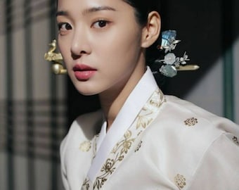 Dwikkoji Seoul Natural jade labradorite Korean drama silver hair stick, flower hair stick for hanbok with 925 sterling silver NASCHENKA
