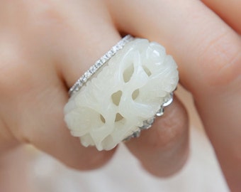 Seoul antique silver ring rings, white soft jade nephrite korean hanbok ring, Korean drama jewelry, NASCHENKANASCHENKAantique silver ring