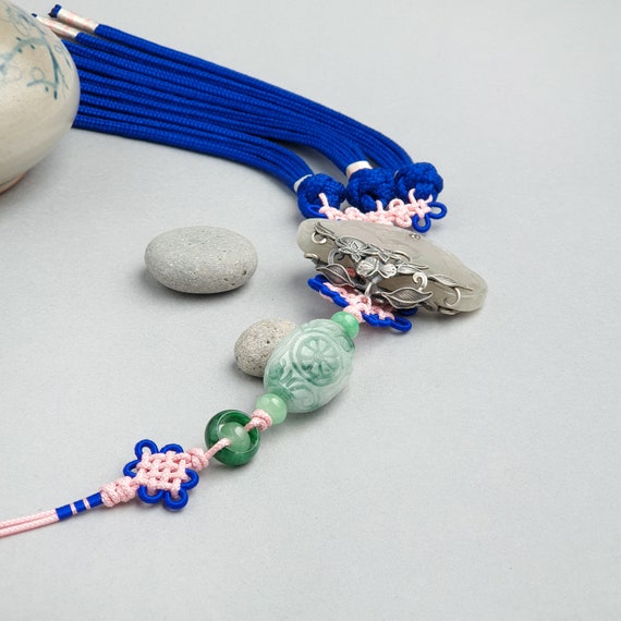 Handmade Korean Natural Jade and Silver Norigae With Silk Tassel