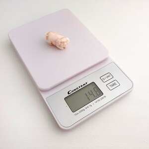 Peut inclure: Une figurine de cochon en corail rose sur une balance num&eacute;rique blanche. La balance affiche 14,8 grammes.