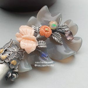 Binyeo – the traditional Korean hairpin worn in a chignon Handcrafted Sterling Silver binyeo 비녀 coral and opal jewelry silver