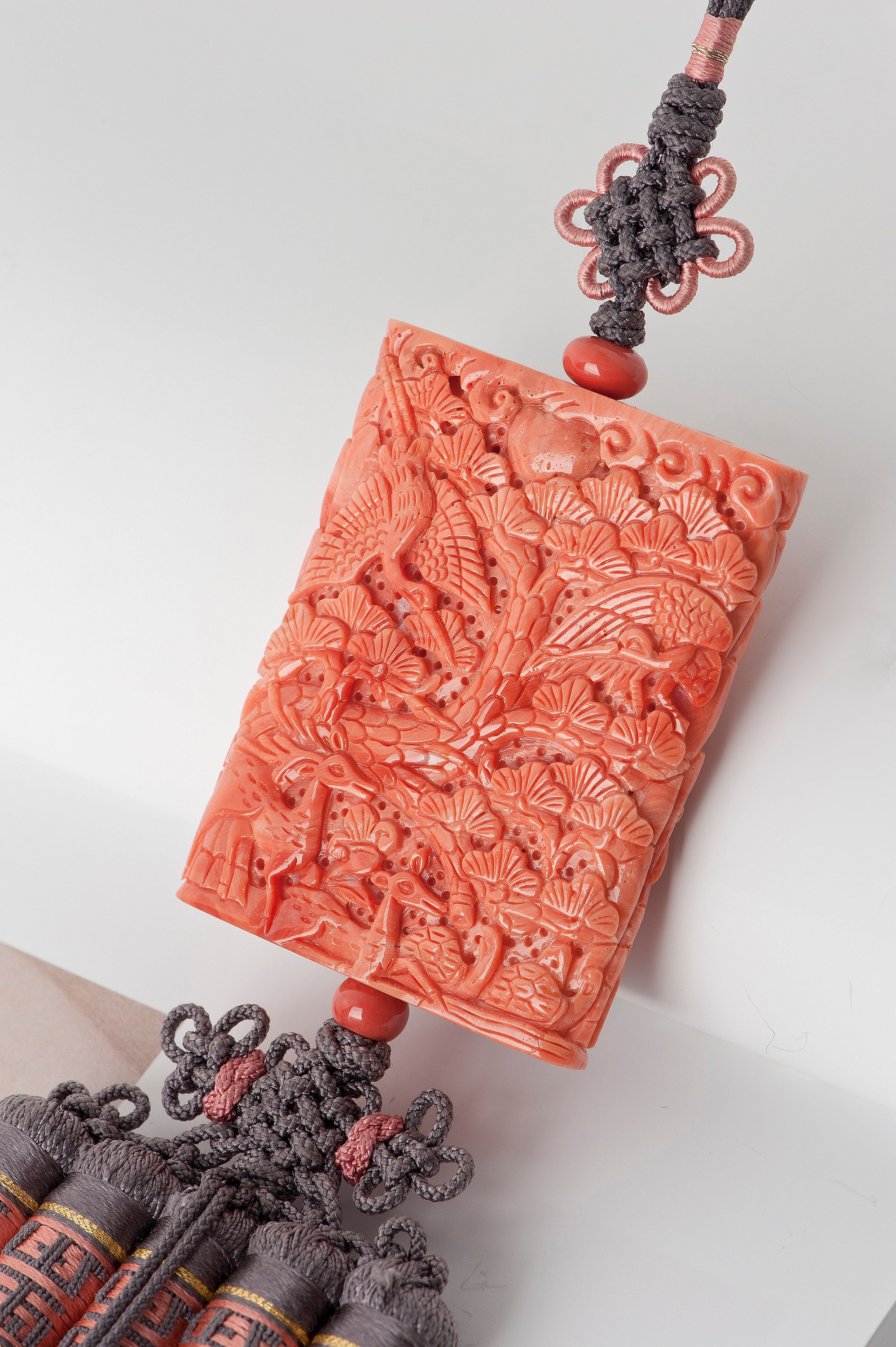 Handmade Korean Coral Norigae | Shipjangsaeng, Sterling Silver, Silk Tassel | 41cm