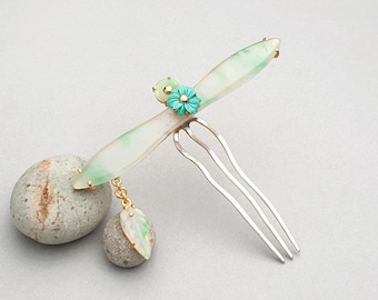 Korean hair pin  Jade Hair Fork, Sterling Silver Floral Pin, K-heritage Hair Accessory Korean wedding gift
