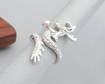 Korean Dragon Sterling Silver Ring • Handmade Pearl Accent