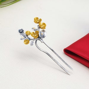The art of Korea Korean hair pin  Sterling Silver Floral Hair Stick, Gold Flower Pin, Handmade Accessory Korean wedding gift