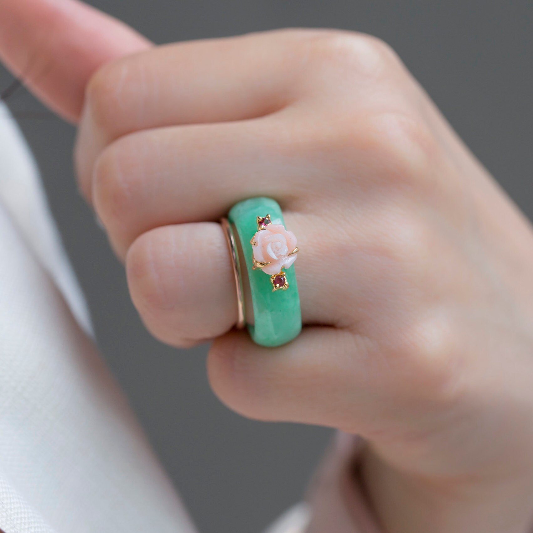 Rings pink coral green jade ring jade ring Stone Jewelry | Etsy