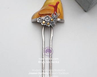 Korean Dwikkoji, Natural Amber Rose Carved Gemstone, 925 Sterling Silver Hairpin, Joseon Dynasty Handmade Dwikkoji, Korean Heritage Jewelry