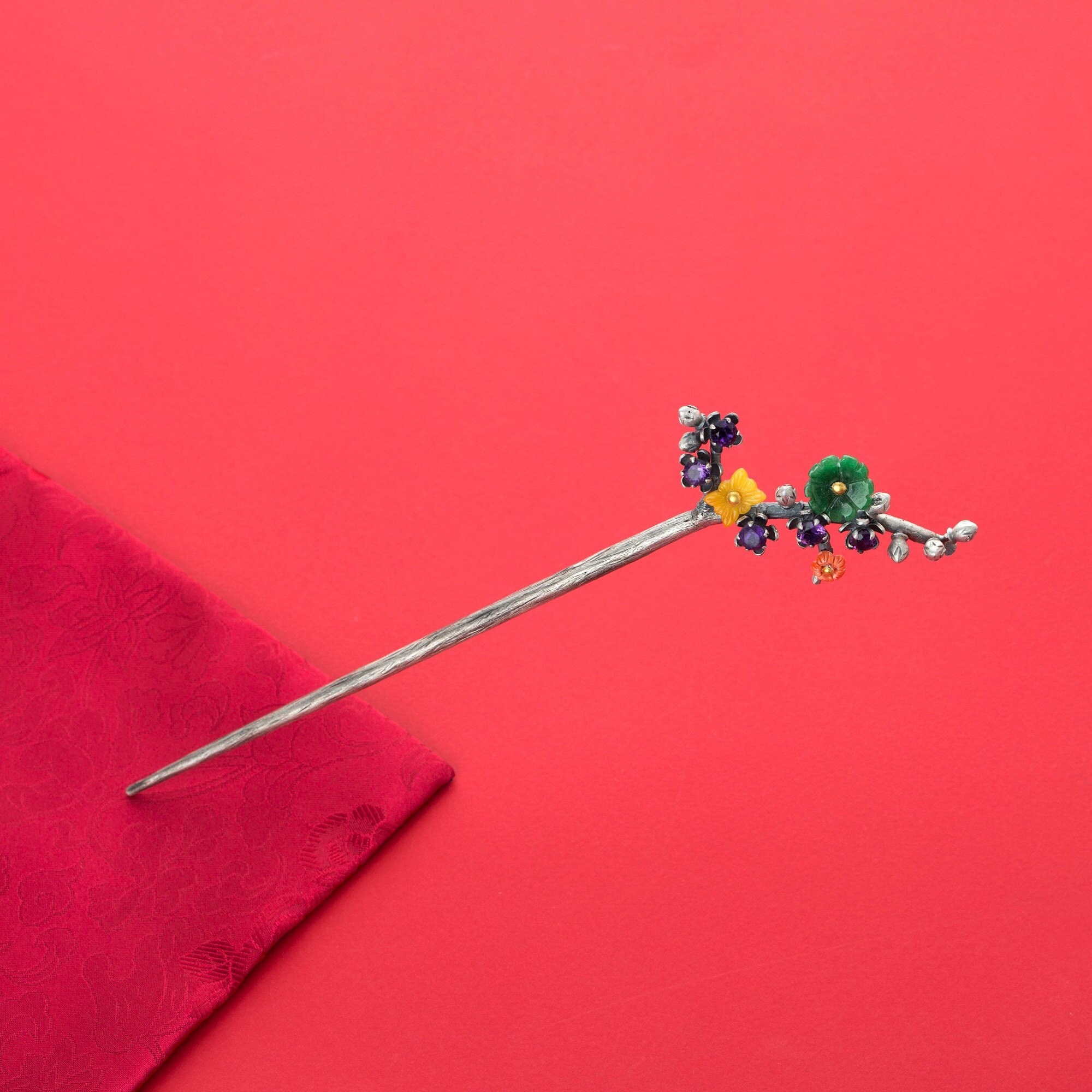Flower Hair Stick Jade Hair Stick Metal Hair Stick Art Etsy