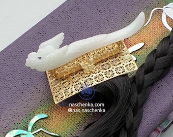 Korean Royal Jade Tteopji Hair Ornament | White Jade Phoenix Tteopji | Joseon Queen Hairpiece | NASCHENKA Handmade Korean Jewelry