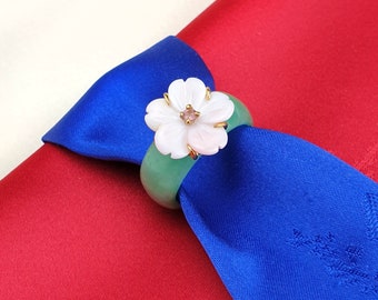 Seoul Jade Band Ring Conch shell Flower NASCHENKA Traditional Korean Hanbok stone jade ring for womenwedding band ring moms anniversary gift