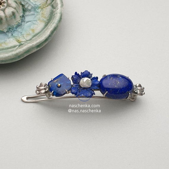 Lapis Lazuli Hair Barrette Navy Blue Stone Hair Barrette: Lapis Lazuli Style Druzy Clip  main image 4
