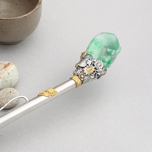 Seoul Jade Hair stick NASCHENKA Traditional Korean hanbok long handmade jade hair stick pins with silver binyeo 비녀 Korean fashion jewelry