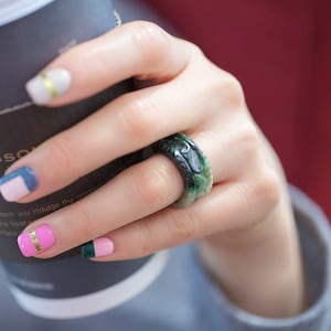 US 6.5 - Natural Dark green Jade band Ring