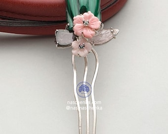 Sterling Silver Flower Hair Pin with Malachite,conch shell, tourmaline, and more.