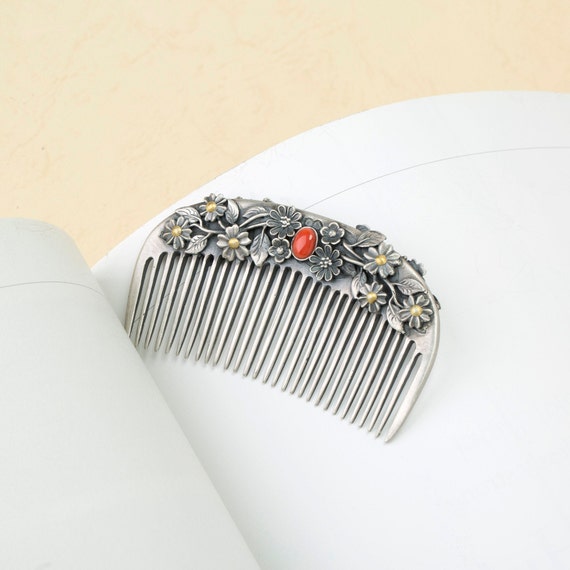 Korean Hair Pin Sterling Silver Floral Hair Comb With Coral  display picture 1