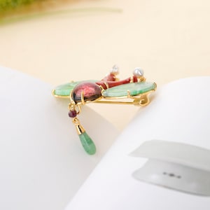 Natural jade and coral butterfly Silver Brooch, Traditional Korean brooch, Modern Handmade Hanbok Accessory,