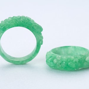 Green Jade Flower Ring - Handmade Korean Jade Band rings set (US 7.5 - 8)
