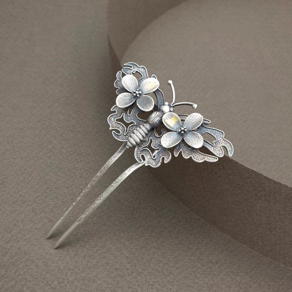 Vintage Silver Butterfly Hair Barrette with Floral Accents Butterfly On Leaf AB Crystal Hair Barrette – 1928 Jewelry main image 2