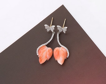 Natural coral Sterling Silver Dangle Earrings, Korean Jewelry