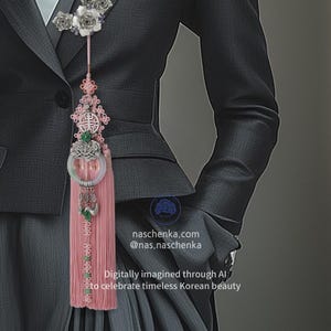Korean Traditional Norigae – Jade Ring with Silver Dragon Motif & Mandarin Ducks | Pink Silk Tassel | Handcrafted Heirloom by NASCHENKA