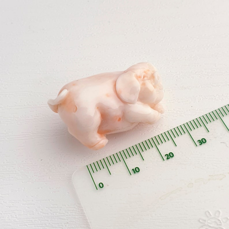 Peut inclure: Une petite figurine de cochon en corail rose, d'environ 4 cm de long, couch&eacute;e sur le c&ocirc;t&eacute;. La figurine est sculpt&eacute;e avec des d&eacute;tails et a une finition lisse et polie.