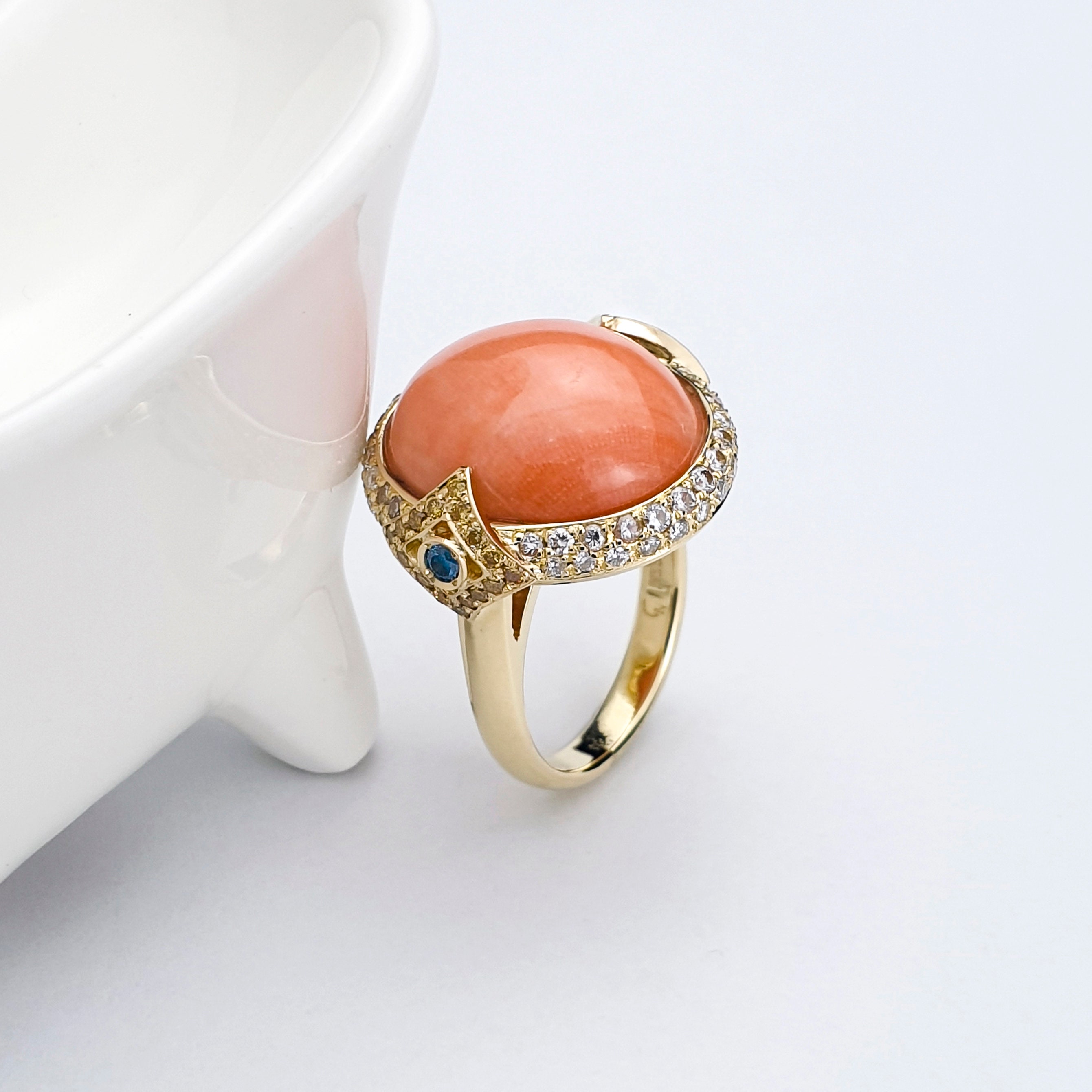 14K Gold Pink Coral Ring, Korean Diamond Ring, Handmade - Etsy