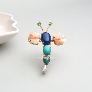 Natural emerald coral turquoise dragonfly pendant brooch pin