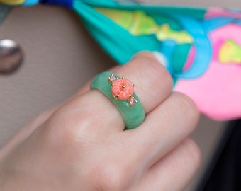 Green jade band ring / jade band ring for women / jade and natural coral ring