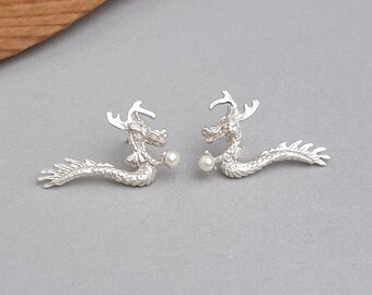 Seoul Korean fashion NASCHENKA Korean sterling silver stud dragon earrings, safety pin silver earring, sterling silver earrings