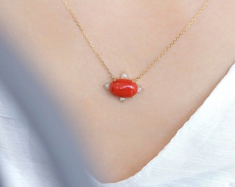 Seoul coral necklace gold, korean handmade jewelry necklace, Red Coral Necklace with rough diamond , gold necklace NASCHENKA