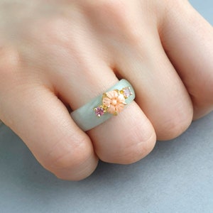 Seoul NASCHENKA Traditional Korean Hanbok stone jade band ring with flower natural coral for women , wedding band ring moms anniversary gift