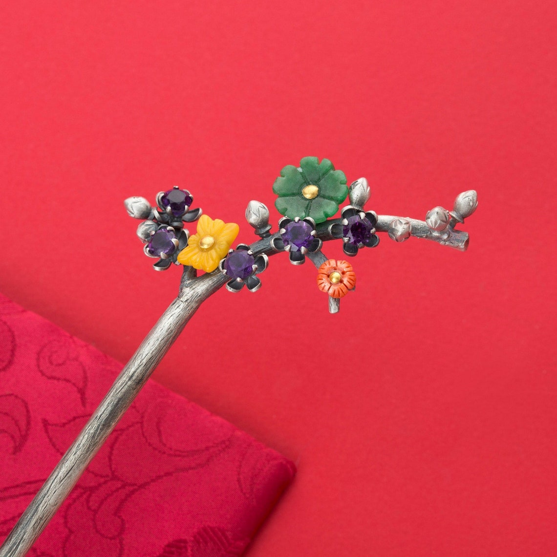 Flower Hair Stick Jade Hair Stick Metal Hair Stick Art Etsy