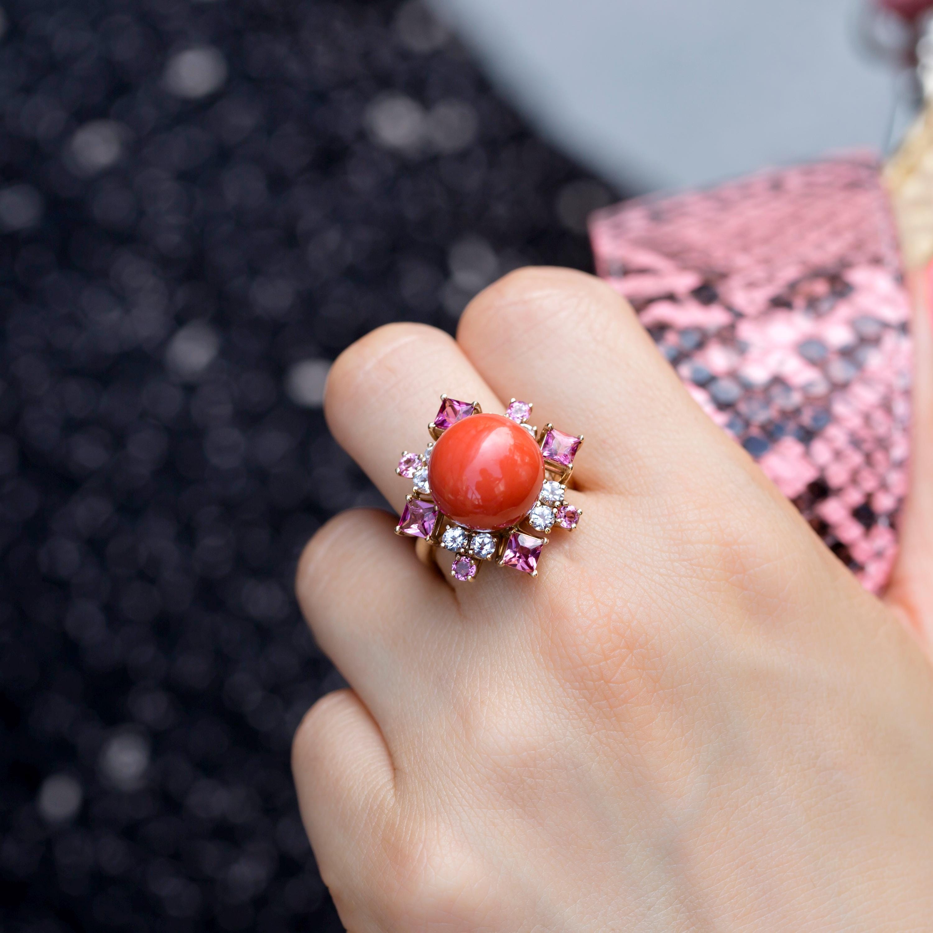 Seoul Red coral rings gold jewelry, Gold Coral Ring, coral jewelry, Red coral ring, natural coral statement ring NASCHENKA