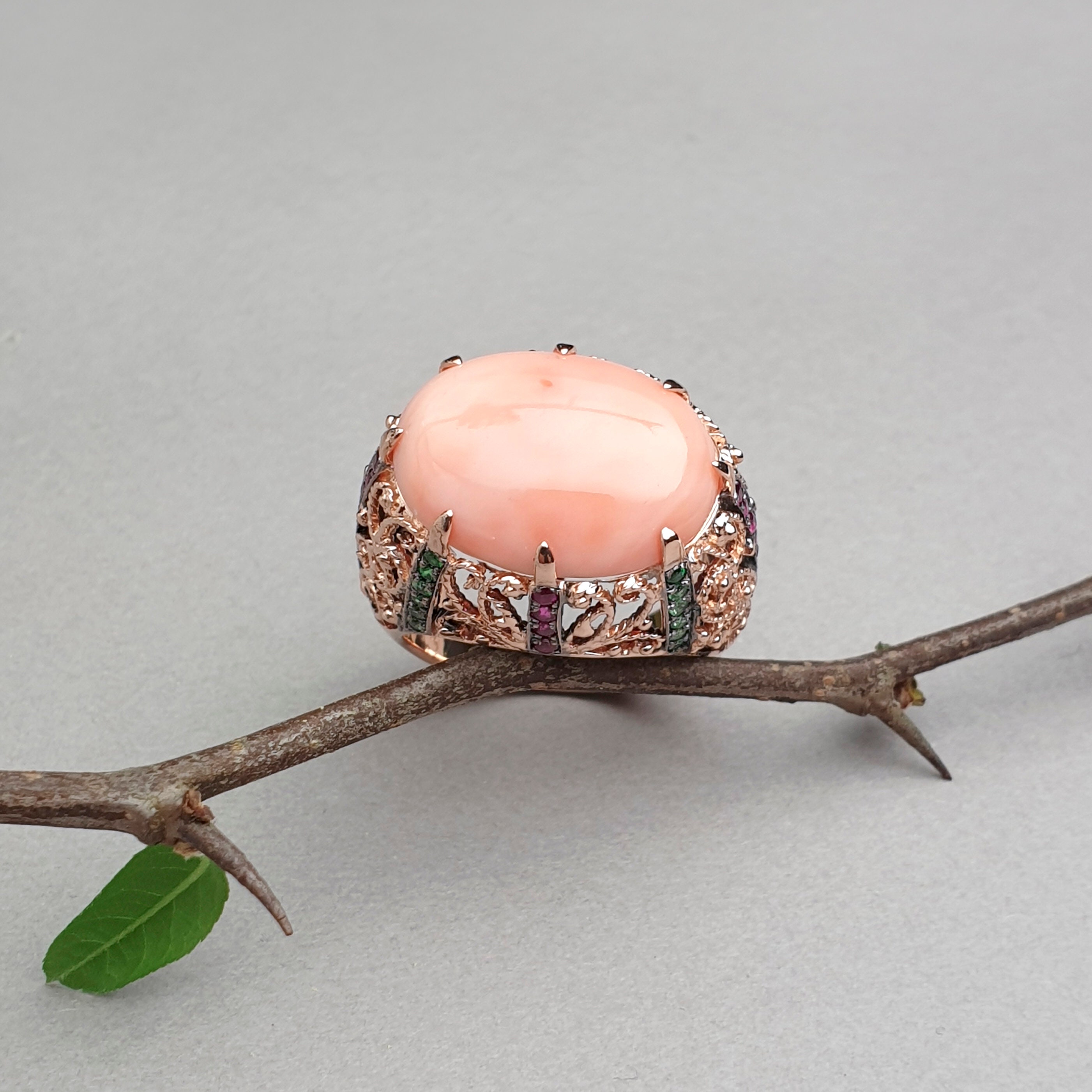Rings pink coral ring jewelry Gold Cabochon Coral Ring Etsy
