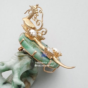 Korean Handmade Phoenix Brooch Pendant with Round Jade and Genuine Pearl – Fine Silverwork with Gold Plating