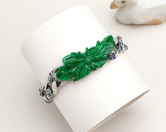 Seoul Jade Flower Bracelet, Sterling Silver Gemstone Bangle, Korean Jewelry