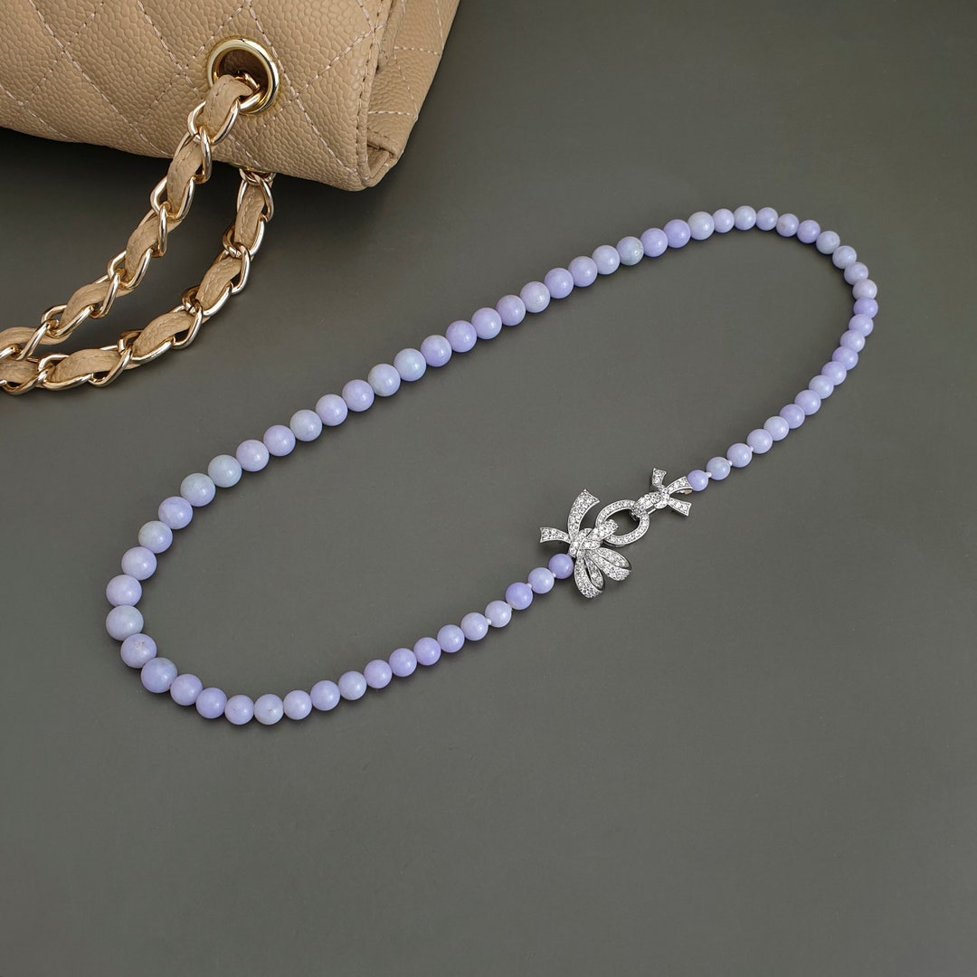 Seoul Jade Bead Necklace, Lavender Purple Jade Necklace Silver