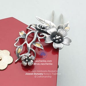 Handmade Korean Silver Hairpin | Traditional Joseon Style Binyeo with Plum Blossom | Sterling Silver & Gold Detailing by NASCHENKA