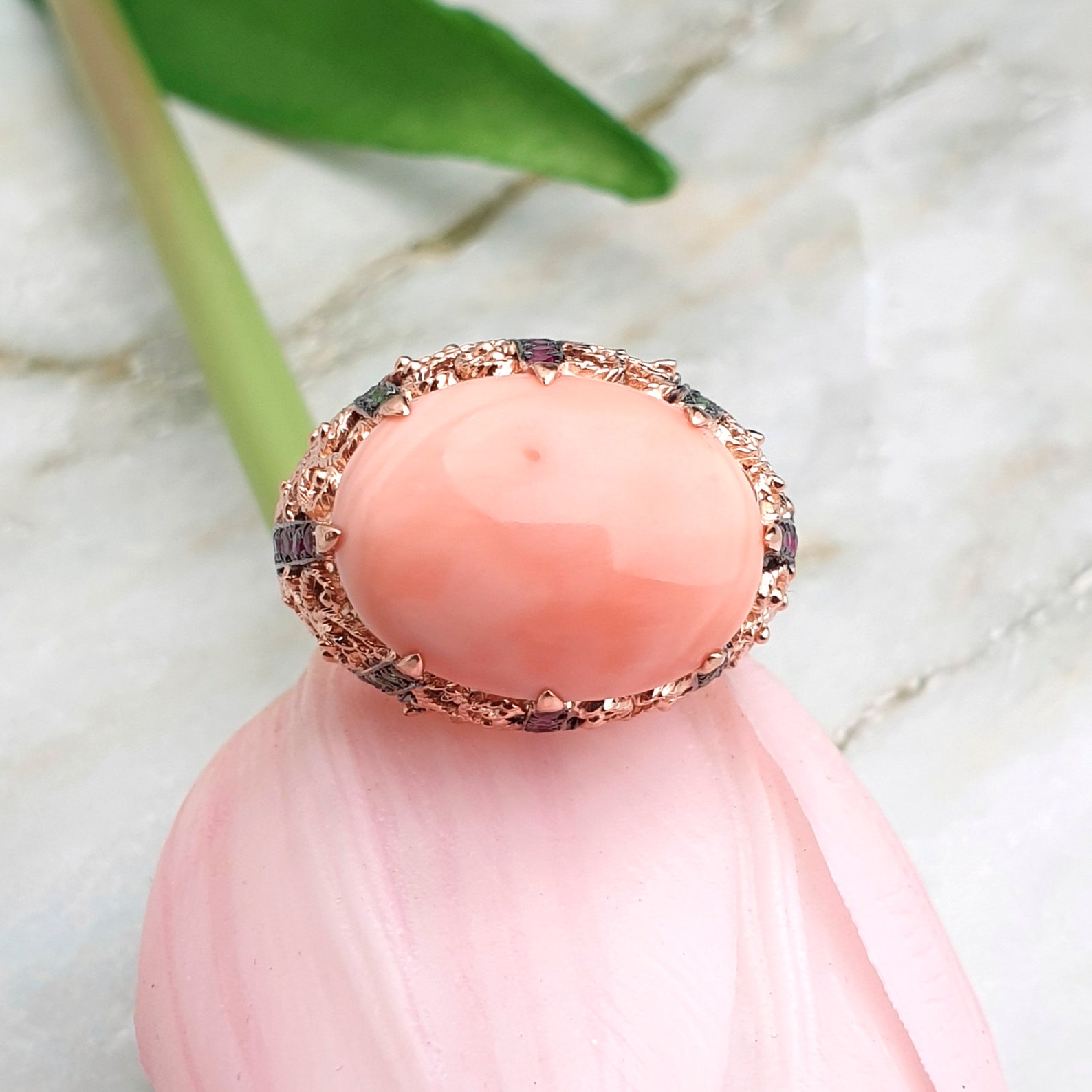 Rings pink coral ring jewelry Gold Cabochon Coral Ring Etsy