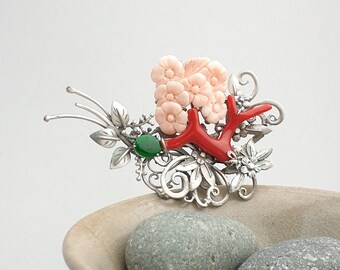 NASCHENKA coral hair pin with binyeo, Kingdom jewelry, Korea hanbok hair stick, 925 Silver binyeo, coral hair stick , Korea hanbok binyeo