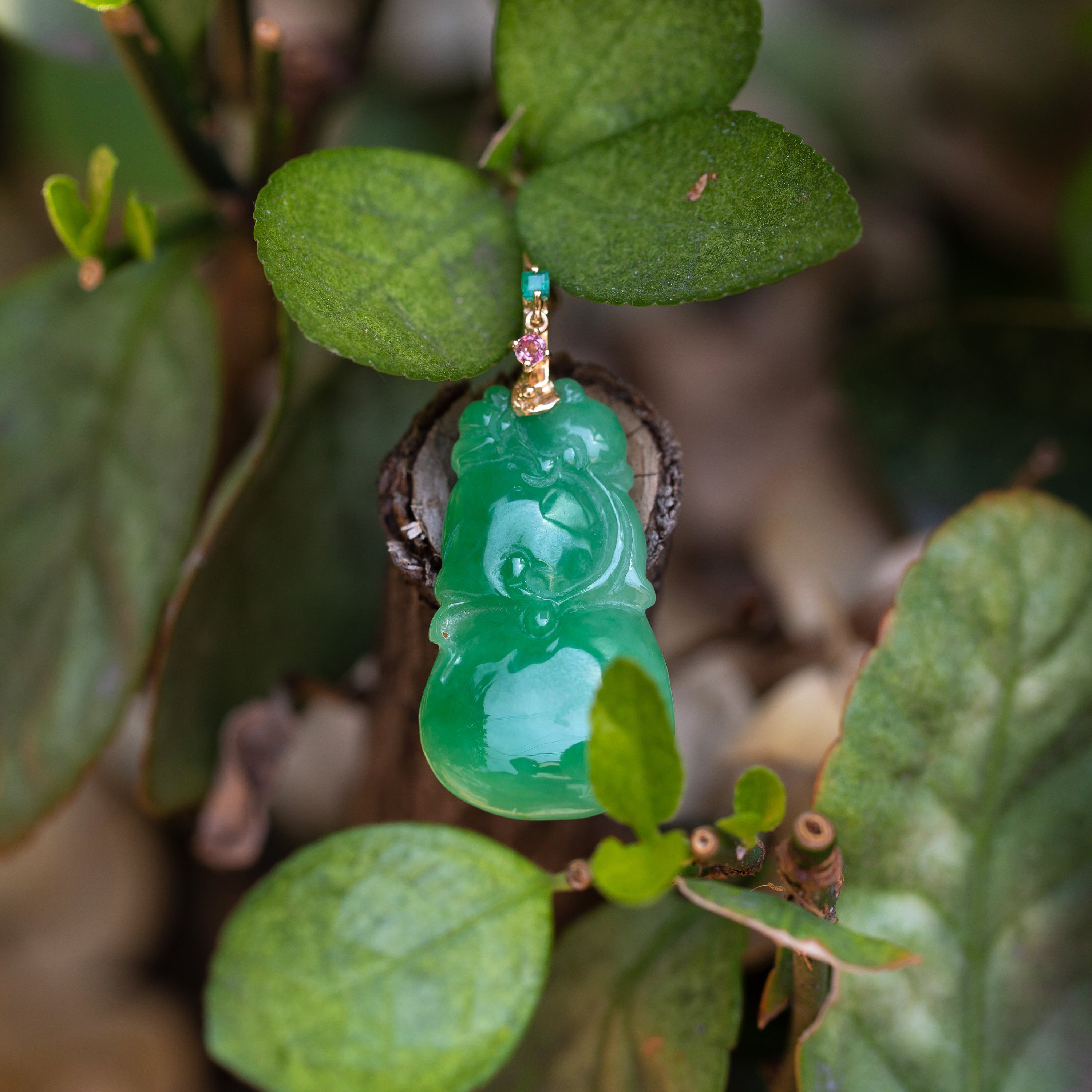 Handmade 14K Gold Jade Pendant – Green Jadeite with Emerald & Tourmaline – Traditional Korean Jewelry by NASCHENKA