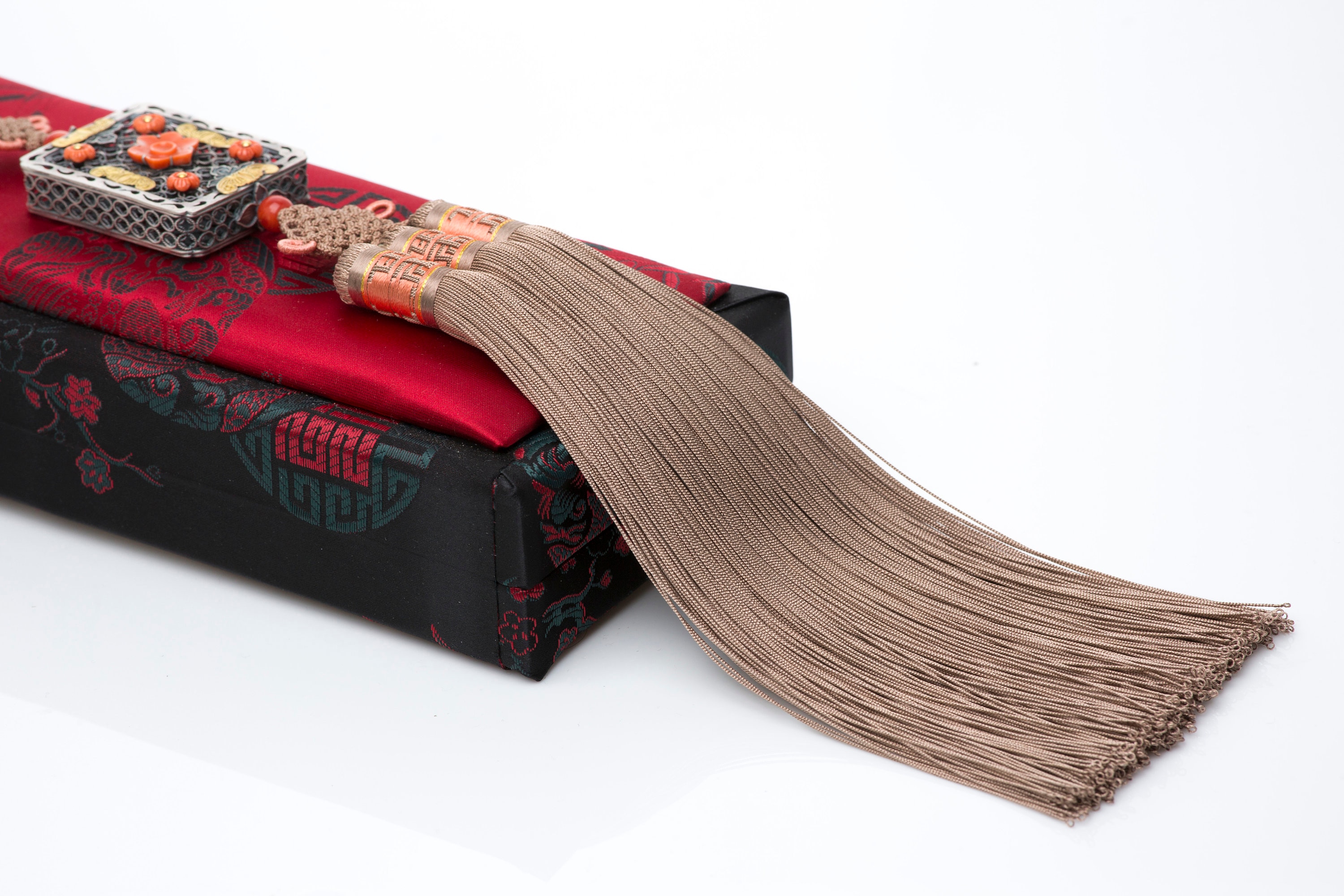 Real Silk Tassel Norigae | Korean Traditional Silver Scent Case, Coral Accent